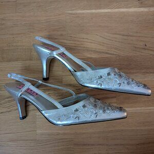 Silver Bedazzled Pointed Toe Kitten Heels